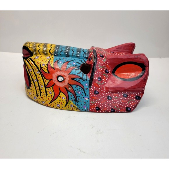 Handmade Carved Wood Cat Mask Jaguar Leopard Guatemala Mexico Folk Art Vintage - Picture 12 of 16